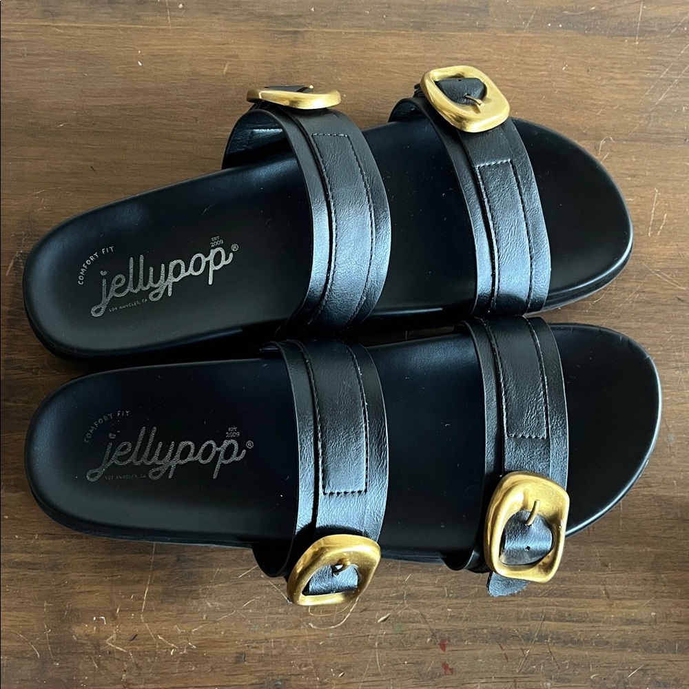 💫Jellypop brand Black Double-Strap Sandal Slides with Modern Gold Buckles💫 - Picture 3 of 9